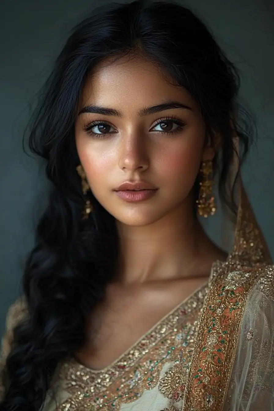 Young woman in pale sari looking calmly into camera lens