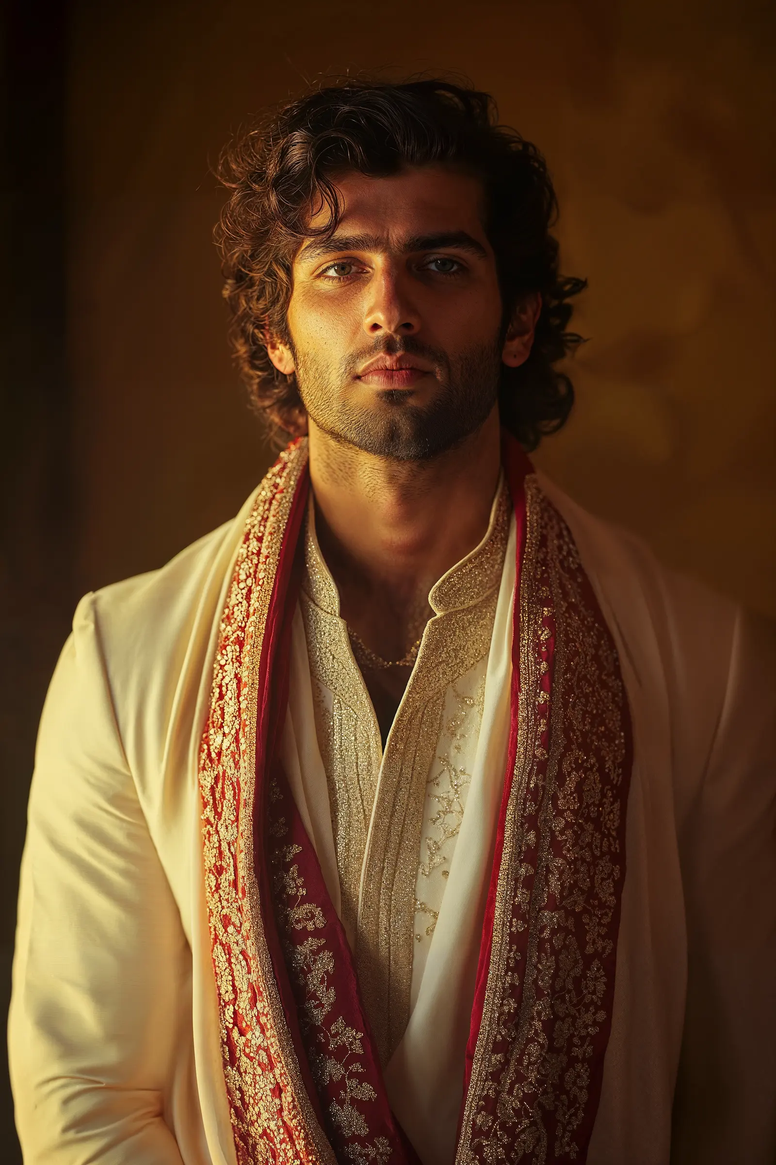 Groom in cream sherwani and red dupatta in soft window light