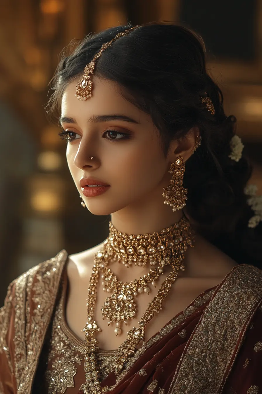 Bride glancing to the side with traditional gold jewellery catching light