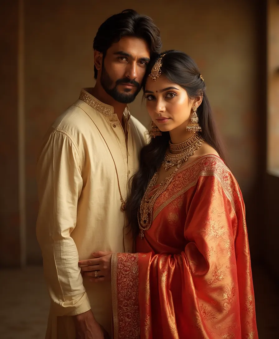 Couple in festive attire standing close in warm twilight light